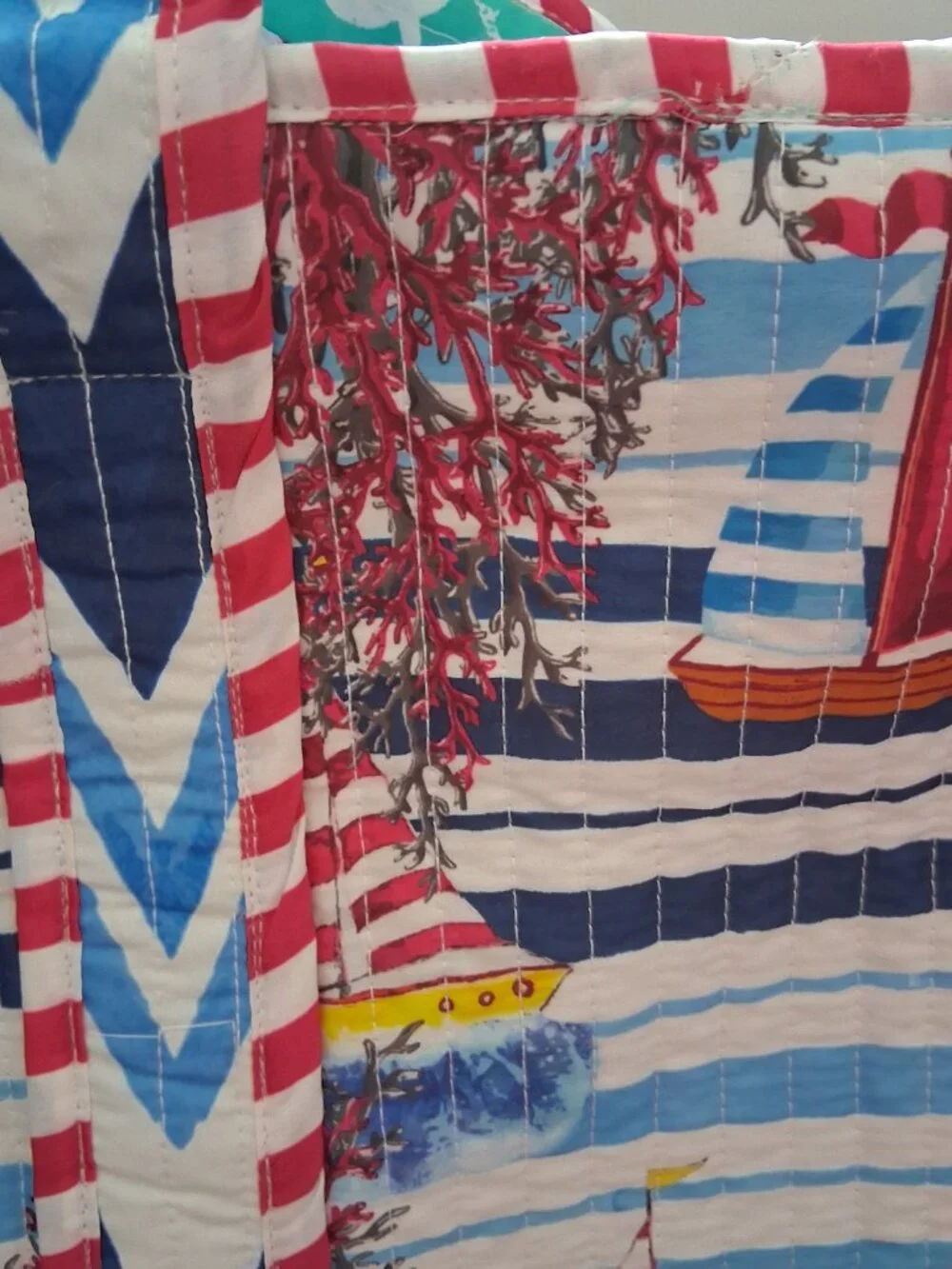 ANTICA SARTORA ITALY QUILTED TOTE BAG Boat SCENE PRINT COTTON NWT